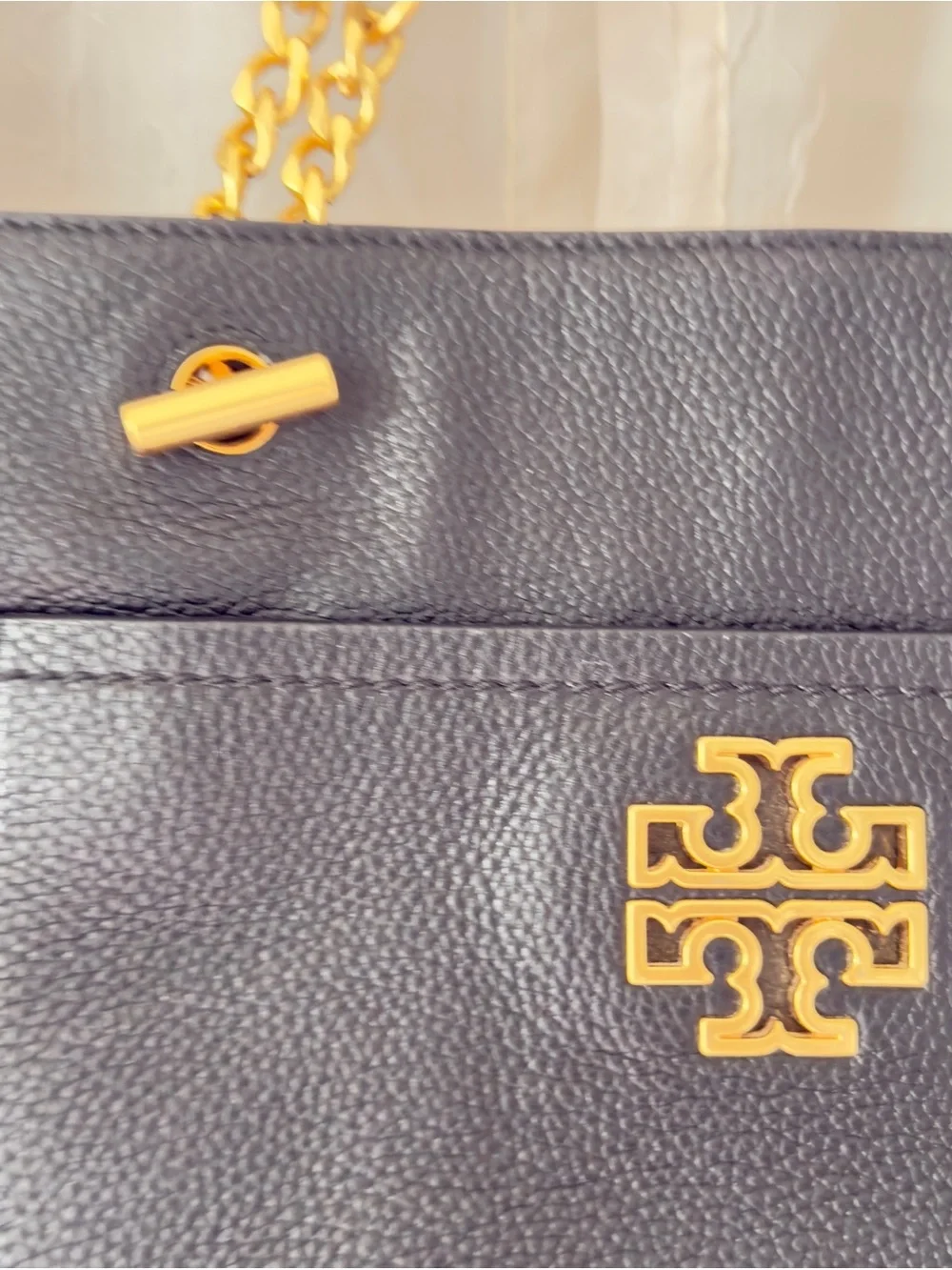 Tory Burch Black Pebbled Leather Tote with Gold Logo